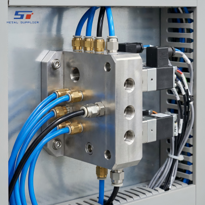 Coletores de aço inoxidável usinados com precisão para um sistema automatizado de distribuição de fluidos.