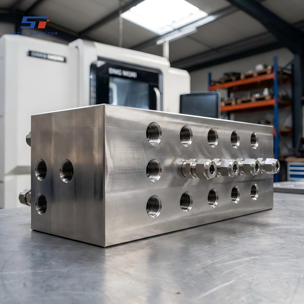 Bloco manifold em aço inoxidável fabricado por CNC para distribuição de produtos químicos em múltiplas linhas.