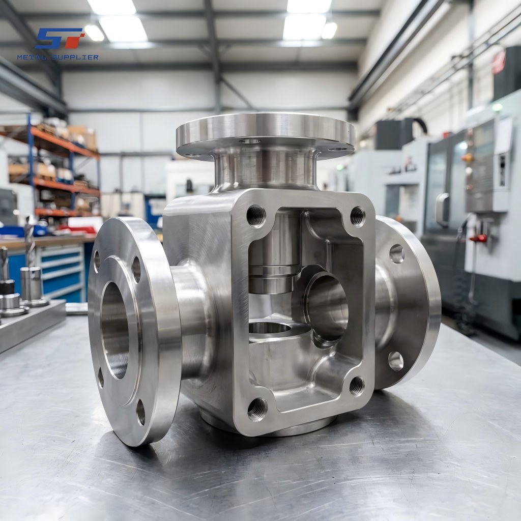Corpo de válvula personalizado em aço inoxidável usinado por CNC para sistemas industriais de controle de fluxo.