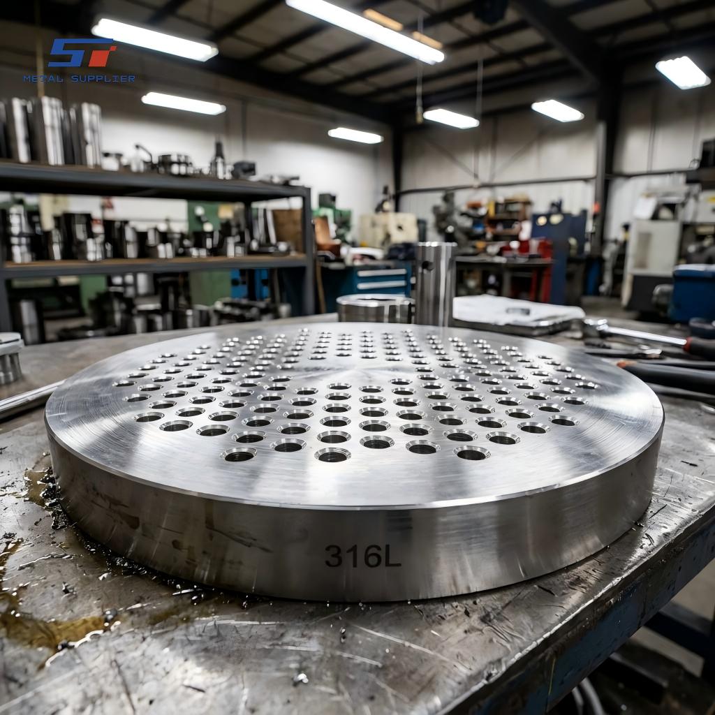 Usinagem CNC de precisão de placas terminais de aço inoxidável para trocadores de calor em sistemas de refrigeração industrial.