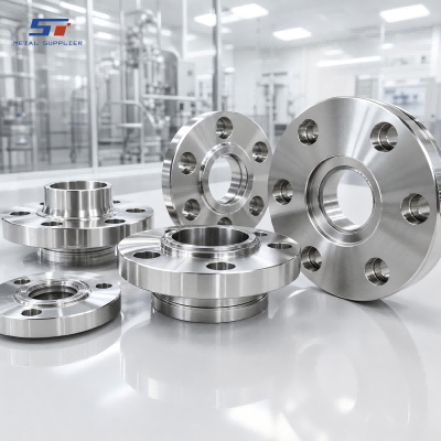 Componentes de flange em aço inoxidável usinados por CNC para conjuntos de bombas de alta pureza.